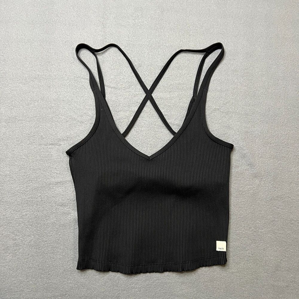 Vuori Crop Tank Top Women's Small Black Ribbed Knit V-Neck Athletic Yoga Gym